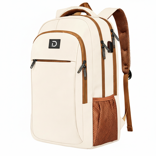 White backpack with small D logo